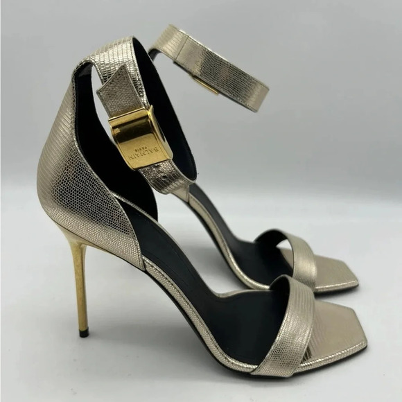 Balmain Uma Lizard-Embossed Leather Sandals Gold Women’s EU 37.5 New In box - Picture 13 of 16